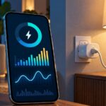 Telemóvel com gráficos abstratos de energia junto a uma tomada inteligente ligada a um candeeiro