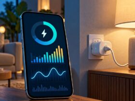 Telemóvel com gráficos abstratos de energia junto a uma tomada inteligente ligada a um candeeiro