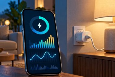 Telemóvel com gráficos abstratos de energia junto a uma tomada inteligente ligada a um candeeiro