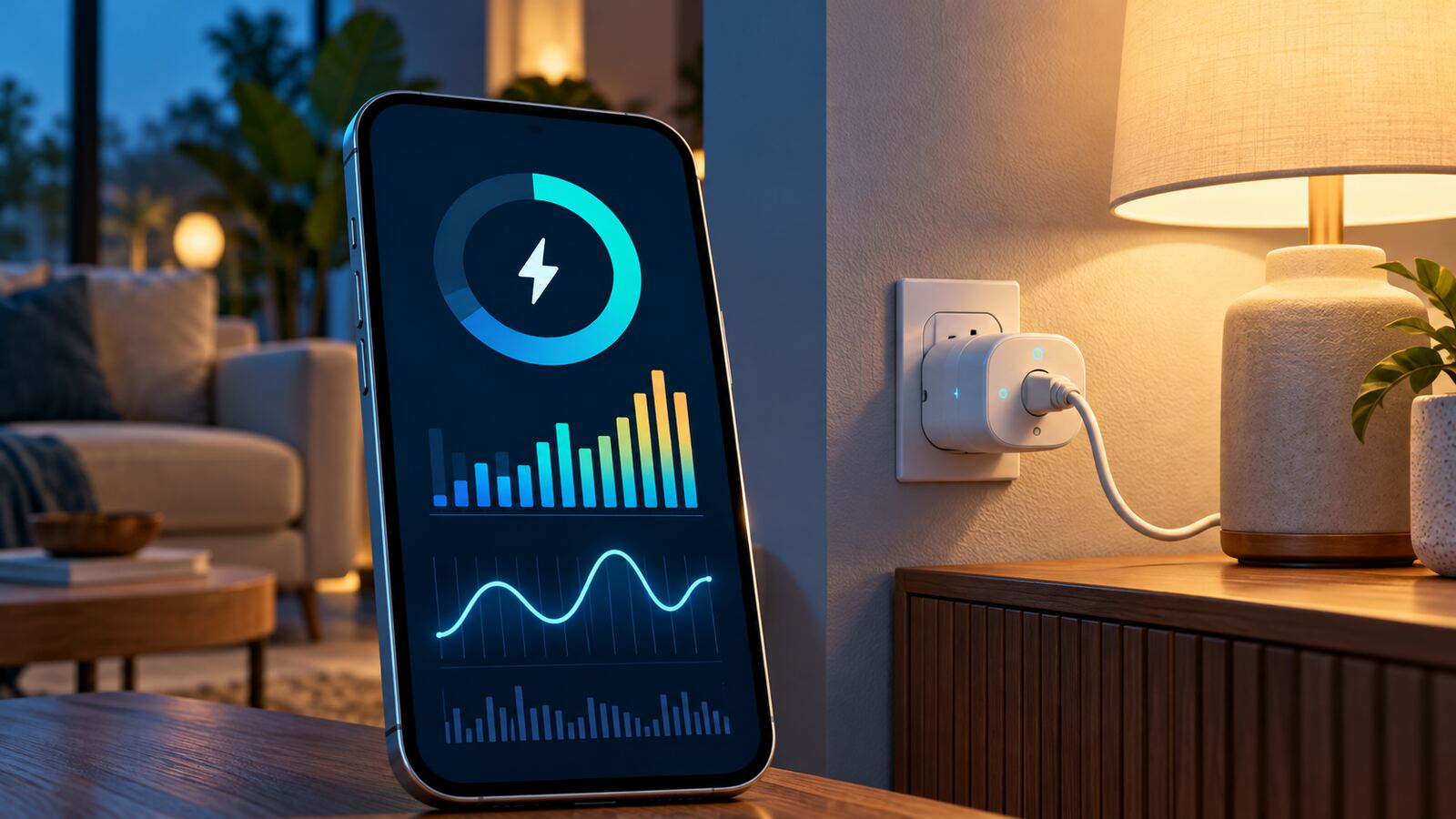 Telemóvel com gráficos abstratos de energia junto a uma tomada inteligente ligada a um candeeiro