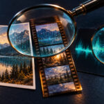 Ilustração editorial com uma fotografia, película de vídeo e uma onda de áudio observadas através de lupas que revelam pontos luminosos.