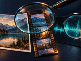 Ilustração editorial com uma fotografia, película de vídeo e uma onda de áudio observadas através de lupas que revelam pontos luminosos.