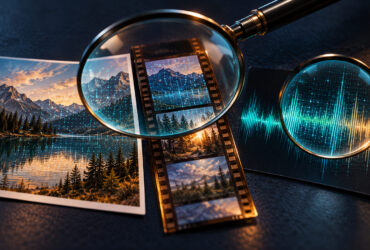 Ilustração editorial com uma fotografia, película de vídeo e uma onda de áudio observadas através de lupas que revelam pontos luminosos.