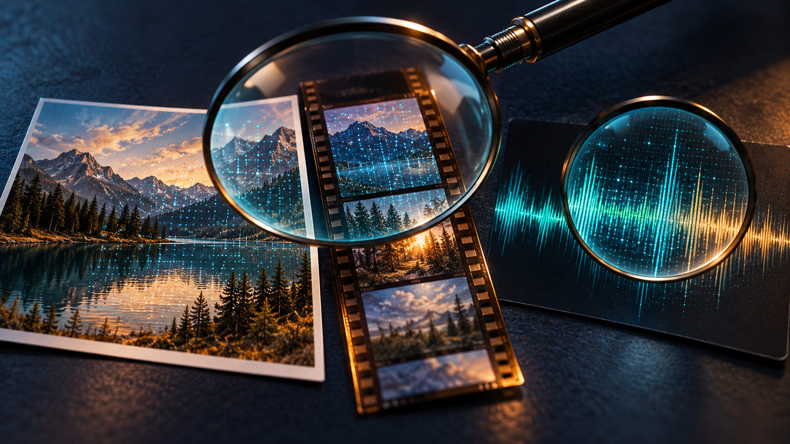 Ilustração editorial com uma fotografia, película de vídeo e uma onda de áudio observadas através de lupas que revelam pontos luminosos.
