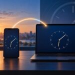 Telemóvel e computador portátil mostram relógios iguais, ligados por um arco luminoso num espaço de trabalho ao amanhecer.