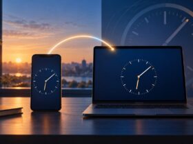 Telemóvel e computador portátil mostram relógios iguais, ligados por um arco luminoso num espaço de trabalho ao amanhecer.