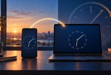 Telemóvel e computador portátil mostram relógios iguais, ligados por um arco luminoso num espaço de trabalho ao amanhecer.