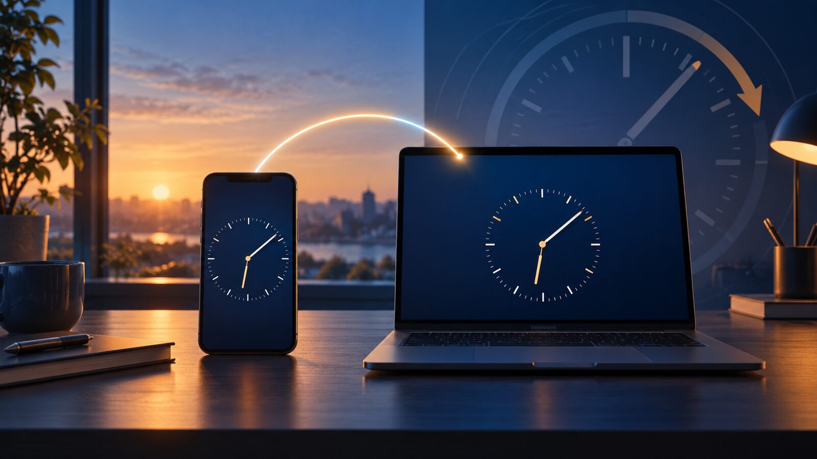 Telemóvel e computador portátil mostram relógios iguais, ligados por um arco luminoso num espaço de trabalho ao amanhecer.