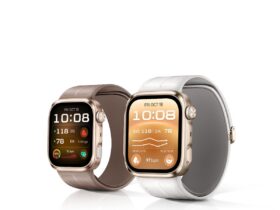 Duas vistas frontais do Huawei Watch D3 com braceletes castanha e branca e indicadores de tensão arterial no ecrã.