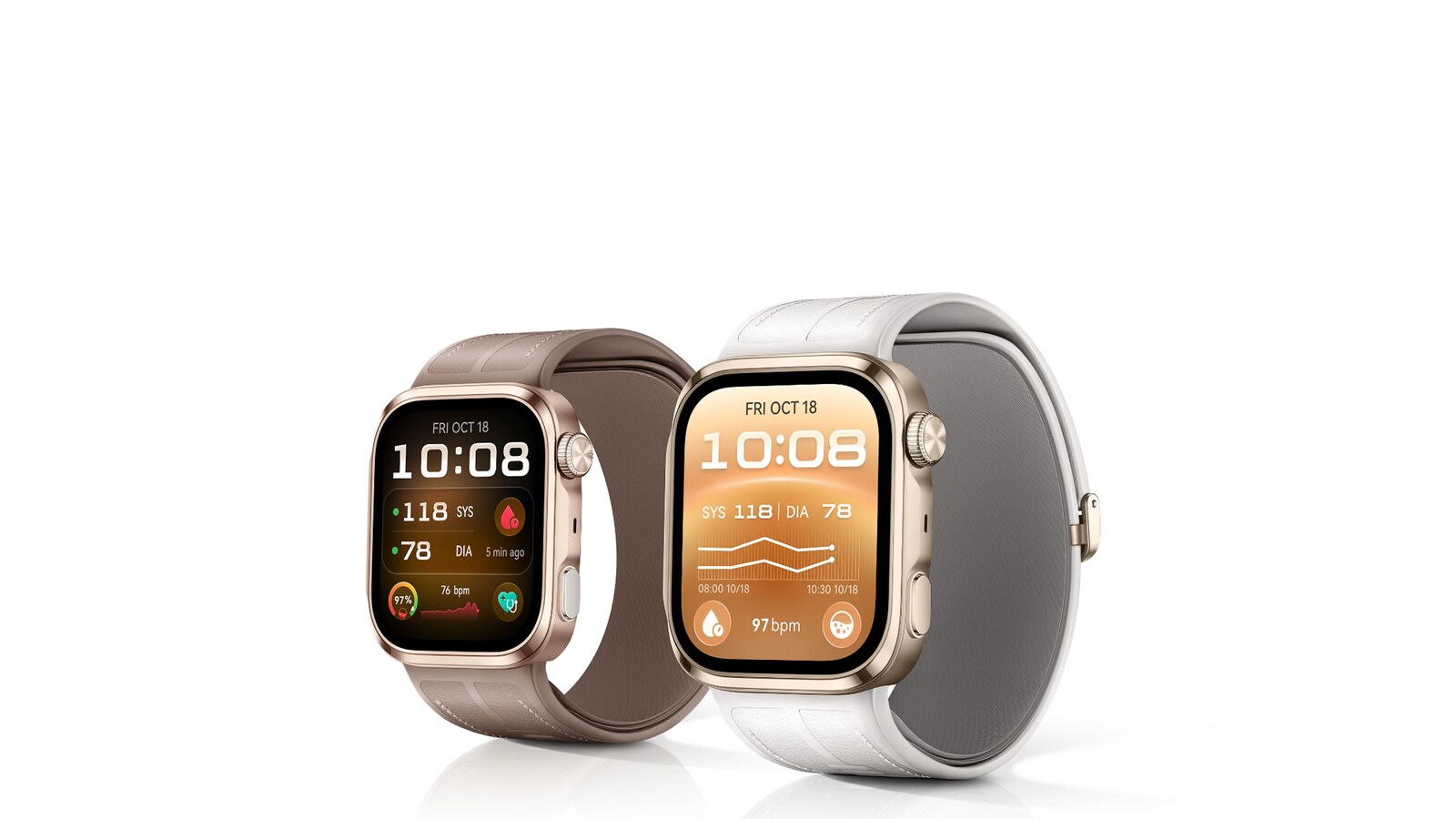 Duas vistas frontais do Huawei Watch D3 com braceletes castanha e branca e indicadores de tensão arterial no ecrã.