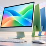 Ilustração de computadores tudo-em-um coloridos com linhas luminosas de conetividade ao fundo.