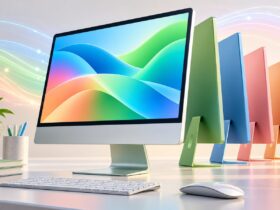 Ilustração de computadores tudo-em-um coloridos com linhas luminosas de conetividade ao fundo.