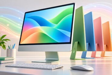 Ilustração de computadores tudo-em-um coloridos com linhas luminosas de conetividade ao fundo.