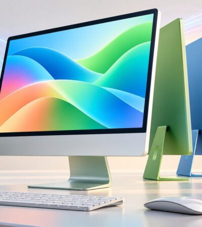 Ilustração de computadores tudo-em-um coloridos com linhas luminosas de conetividade ao fundo.