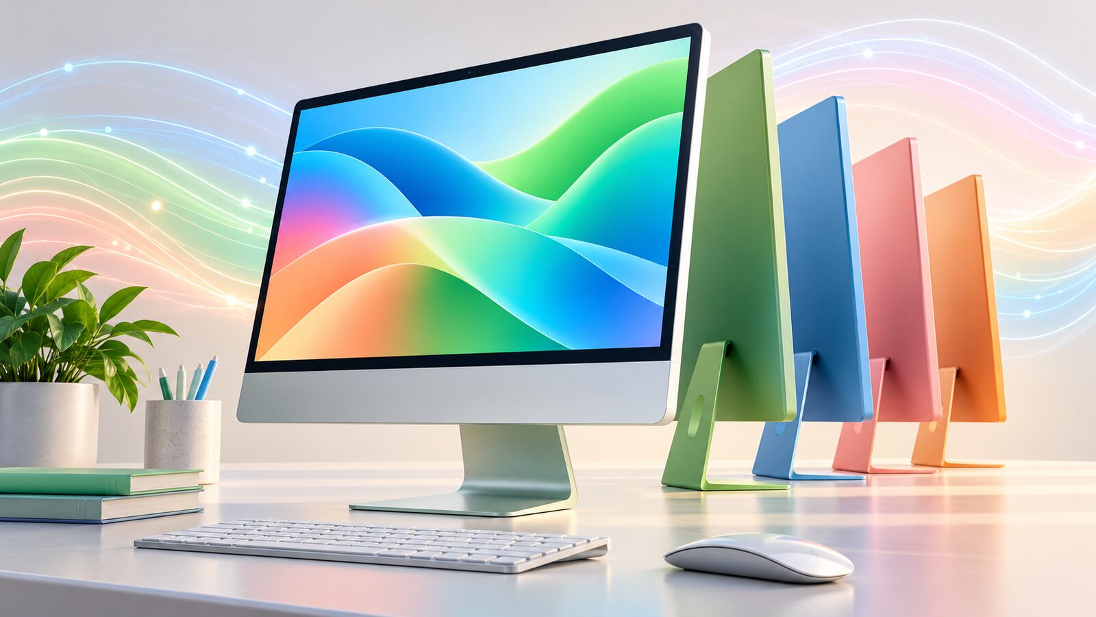 Ilustração de computadores tudo-em-um coloridos com linhas luminosas de conetividade ao fundo.