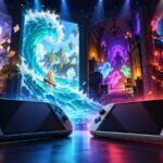Duas consolas portáteis diante de portais coloridos com cenários de magia, oceano, fantasmas e cidade futurista.