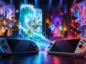 Duas consolas portáteis diante de portais coloridos com cenários de magia, oceano, fantasmas e cidade futurista.