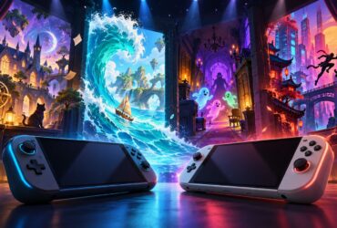 Duas consolas portáteis diante de portais coloridos com cenários de magia, oceano, fantasmas e cidade futurista.