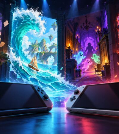 Duas consolas portáteis diante de portais coloridos com cenários de magia, oceano, fantasmas e cidade futurista.