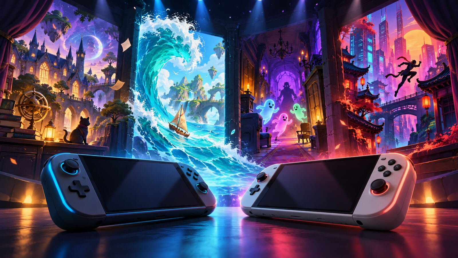 Duas consolas portáteis diante de portais coloridos com cenários de magia, oceano, fantasmas e cidade futurista.