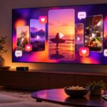Televisor numa sala mostra cartões verticais de vídeo, símbolos de reprodução, gostos e comentários.
