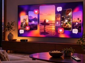 Televisor numa sala mostra cartões verticais de vídeo, símbolos de reprodução, gostos e comentários.