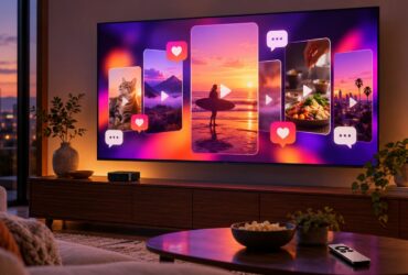Televisor numa sala mostra cartões verticais de vídeo, símbolos de reprodução, gostos e comentários.