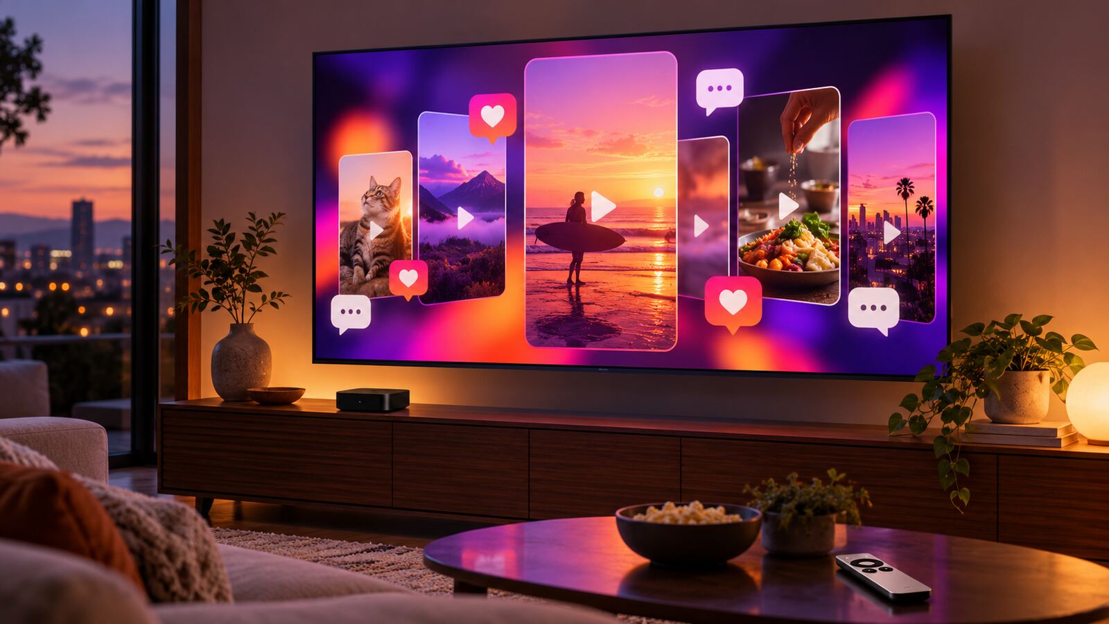Televisor numa sala mostra cartões verticais de vídeo, símbolos de reprodução, gostos e comentários.