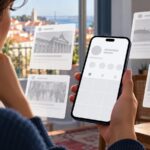 Pessoa observa uma grelha social vazia no telemóvel, rodeada por cartões abstratos de notícias com Lisboa ao fundo.