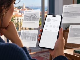 Pessoa observa uma grelha social vazia no telemóvel, rodeada por cartões abstratos de notícias com Lisboa ao fundo.