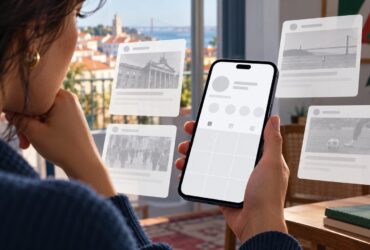 Pessoa observa uma grelha social vazia no telemóvel, rodeada por cartões abstratos de notícias com Lisboa ao fundo.