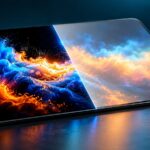 Ilustração de uma tela de tablet dividida entre imagem de alto contraste e imagem com cores mais suaves, representando diferenças visuais entre OLED e LCD.