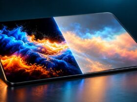 Ilustração de uma tela de tablet dividida entre imagem de alto contraste e imagem com cores mais suaves, representando diferenças visuais entre OLED e LCD.