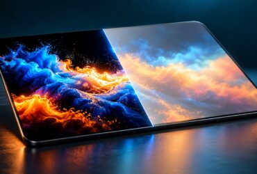 Ilustração de uma tela de tablet dividida entre imagem de alto contraste e imagem com cores mais suaves, representando diferenças visuais entre OLED e LCD.