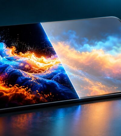 Ilustração de uma tela de tablet dividida entre imagem de alto contraste e imagem com cores mais suaves, representando diferenças visuais entre OLED e LCD.