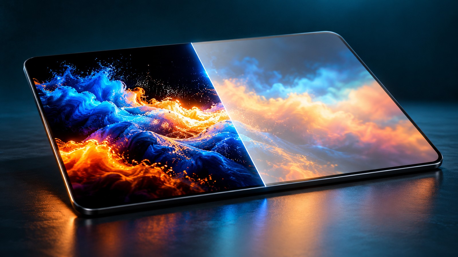 Ilustração de uma tela de tablet dividida entre imagem de alto contraste e imagem com cores mais suaves, representando diferenças visuais entre OLED e LCD.