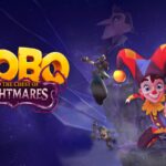 Bobo salta entre plataformas num cenário roxo de pesadelo, ao lado do logótipo de Bobo and the Chest of Nightmares