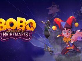 Bobo salta entre plataformas num cenário roxo de pesadelo, ao lado do logótipo de Bobo and the Chest of Nightmares