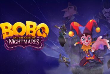 Bobo salta entre plataformas num cenário roxo de pesadelo, ao lado do logótipo de Bobo and the Chest of Nightmares