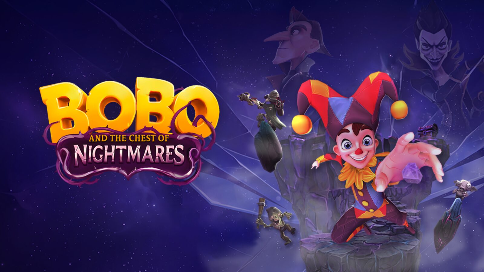 Bobo salta entre plataformas num cenário roxo de pesadelo, ao lado do logótipo de Bobo and the Chest of Nightmares