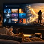 Pessoa numa sala diante de um televisor com mosaicos de filmes, símbolo de pesquisa e botão de reprodução abstratos.