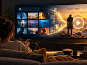 Pessoa numa sala diante de um televisor com mosaicos de filmes, símbolo de pesquisa e botão de reprodução abstratos.