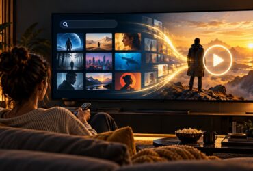 Pessoa numa sala diante de um televisor com mosaicos de filmes, símbolo de pesquisa e botão de reprodução abstratos.