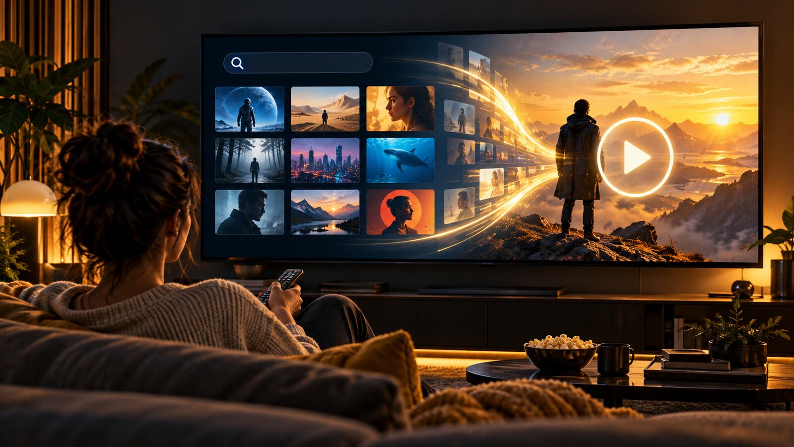 Pessoa numa sala diante de um televisor com mosaicos de filmes, símbolo de pesquisa e botão de reprodução abstratos.