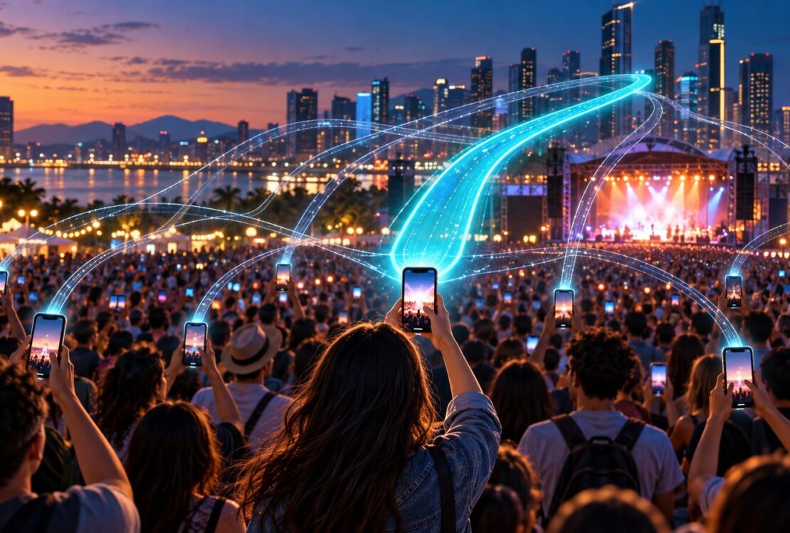 Multidão num evento urbano ao entardecer segura telemóveis enquanto linhas luminosas representam diferentes ligações móveis, com uma via central mais destacada.
