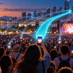 Multidão num evento urbano ao entardecer segura telemóveis enquanto linhas luminosas representam diferentes ligações móveis, com uma via central mais destacada.
