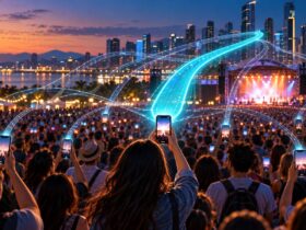 Multidão num evento urbano ao entardecer segura telemóveis enquanto linhas luminosas representam diferentes ligações móveis, com uma via central mais destacada.