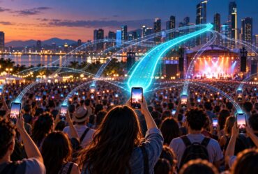 Multidão num evento urbano ao entardecer segura telemóveis enquanto linhas luminosas representam diferentes ligações móveis, com uma via central mais destacada.