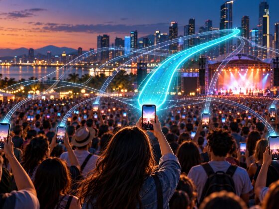 Multidão num evento urbano ao entardecer segura telemóveis enquanto linhas luminosas representam diferentes ligações móveis, com uma via central mais destacada.