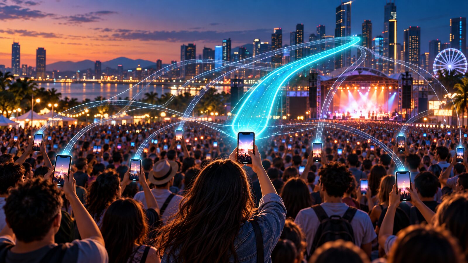 Multidão num evento urbano ao entardecer segura telemóveis enquanto linhas luminosas representam diferentes ligações móveis, com uma via central mais destacada.
